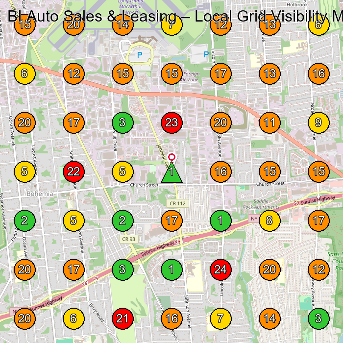 BI Auto Sales & Leasing Used Car Dealer GeoGrid ranking map for Bohemia NY